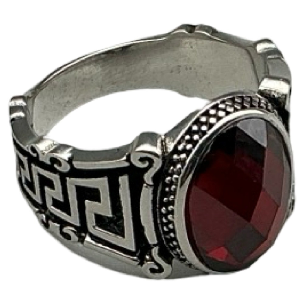 BAYVOG Mens Greek Key Red Faux Garnet Signet Ring Size 10 925 Silver